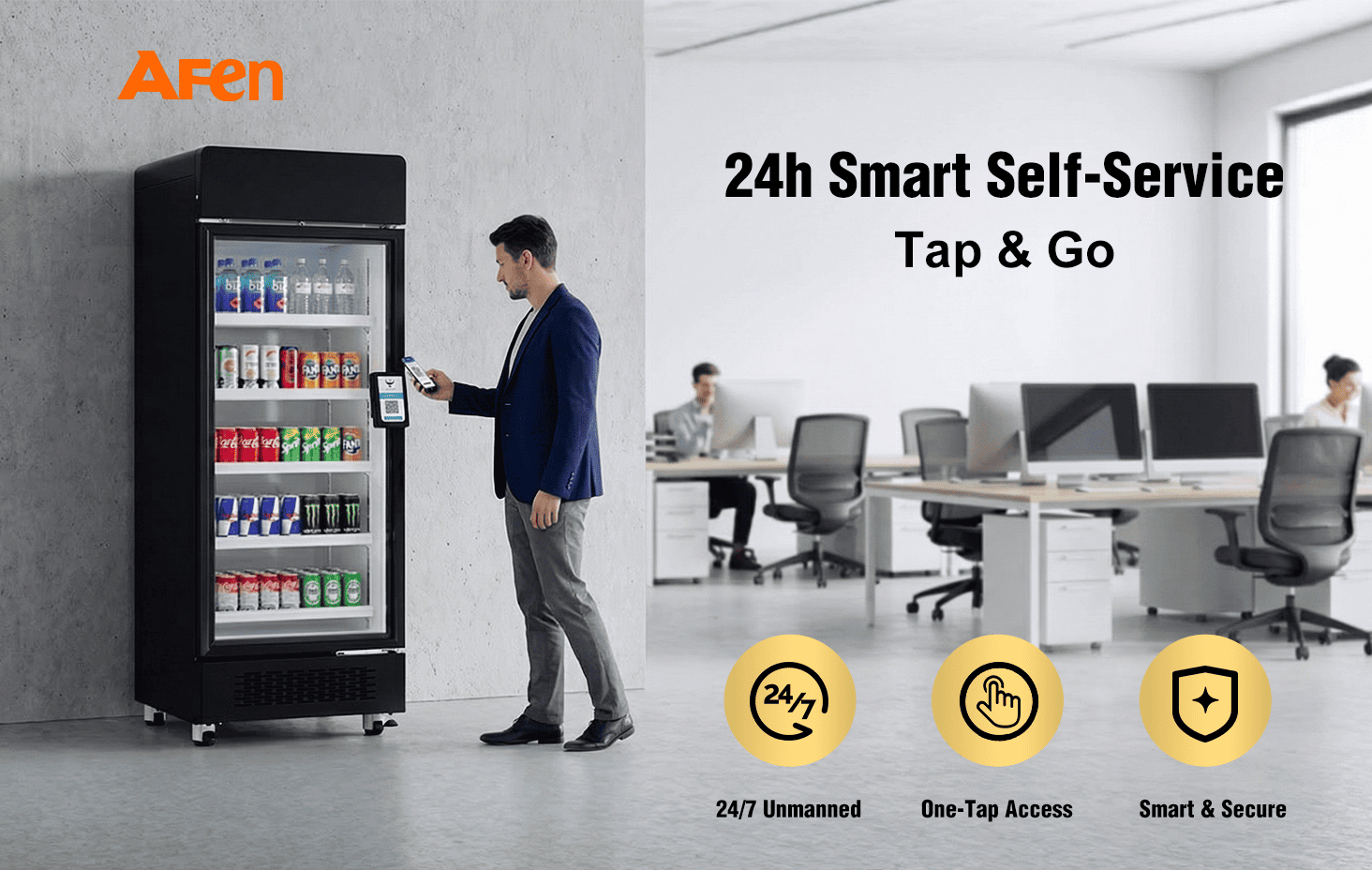 AFEN 510 smart cooler imapereka njira zosiyanasiyana zogulitsira popanda anthu maola 24 patsiku, masiku 7 pa sabata, maofesi ndi malo ochitira masewera olimbitsa thupi